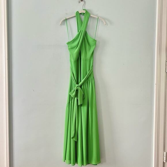 NWT Belle Badgley Mischka Malia Halter Neckline A-Line Green Midi Dress - Picture 2 of 5